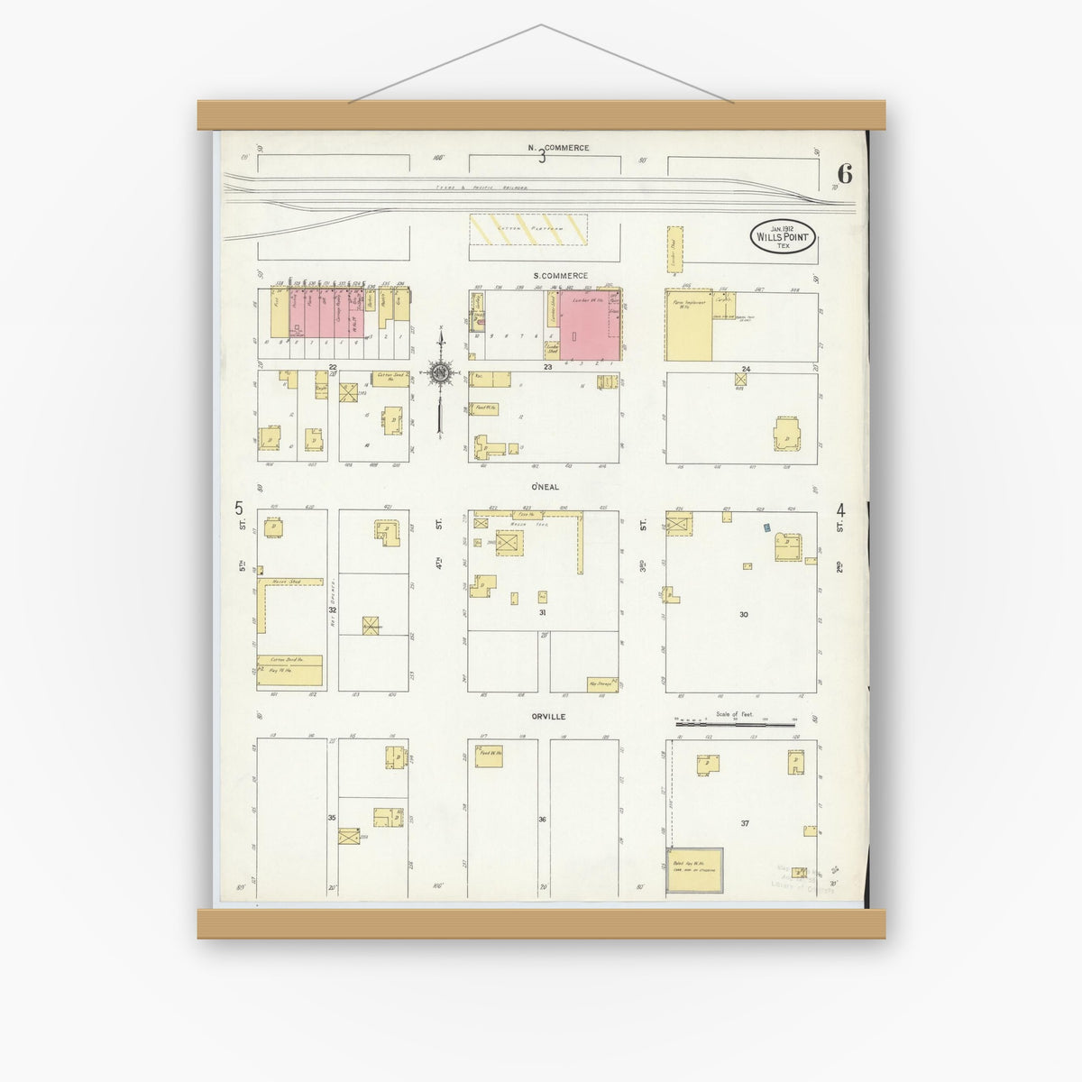 Old map wall art mockup — magnetic wood frame on white wall — Sanborn Fire Insurance Map from Wills Point, Van Zandt County, Texas (1912), Sheet #0006