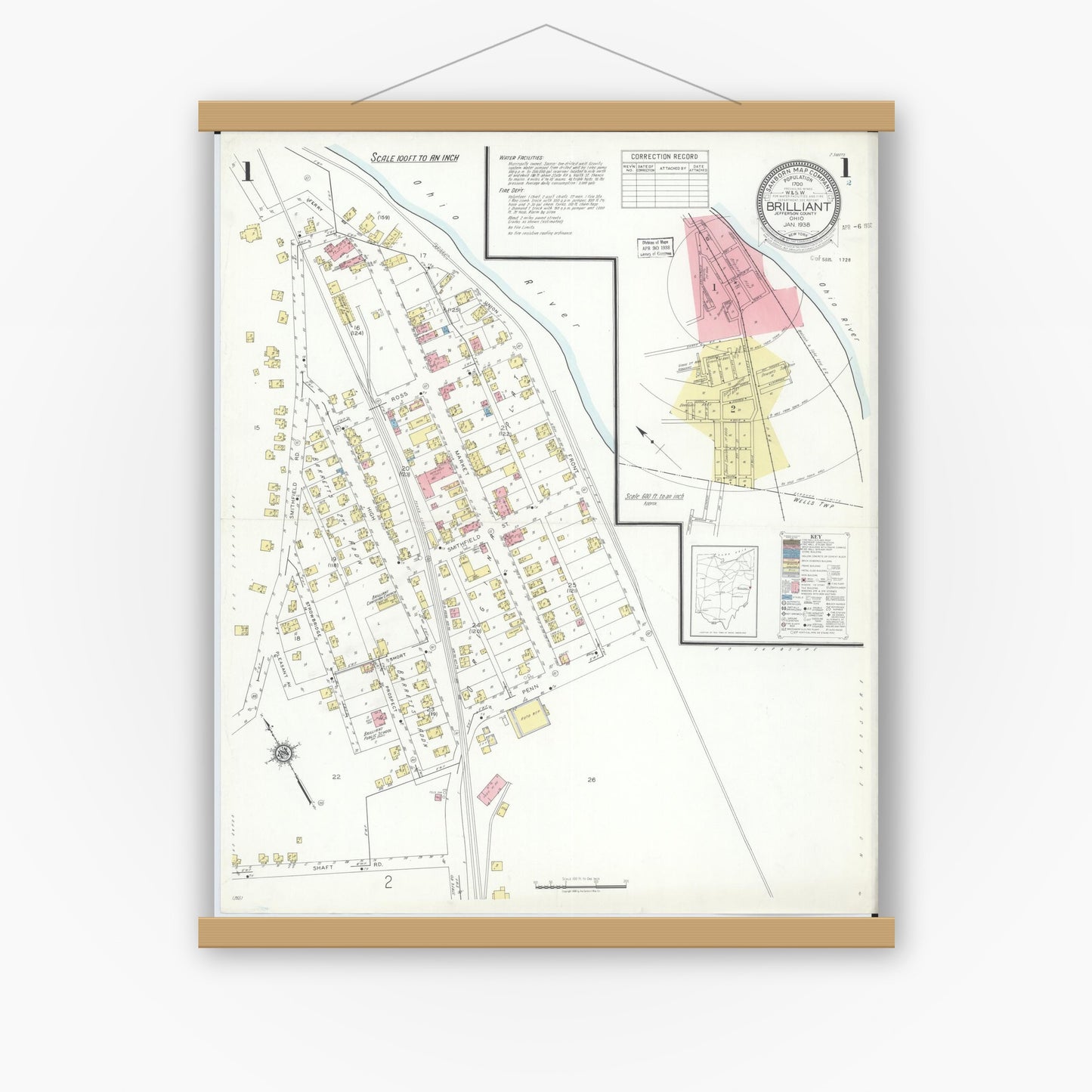 Old map wall art mockup — magnetic wood frame on white wall — Sanborn Fire Insurance Map from Brilliant, Jefferson County, Ohio (1938) - Complete Map Set