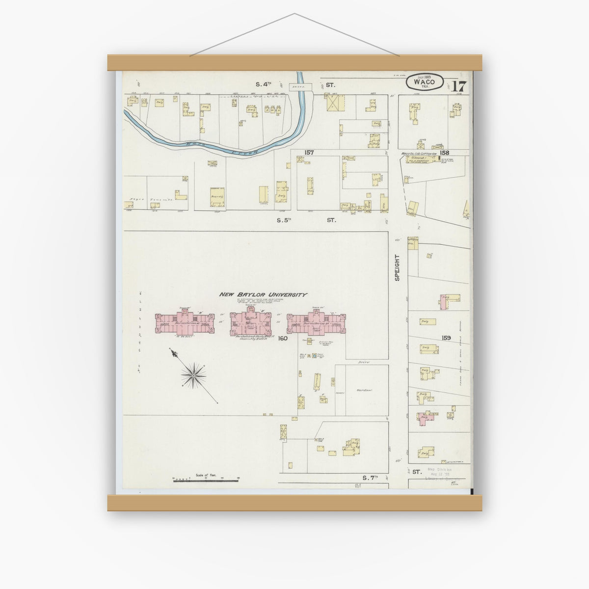 Old map wall art mockup — magnetic wood frame on white wall — Sanborn Fire Insurance Map from Waco, McLennan County, Texas (1889), Sheet #0017