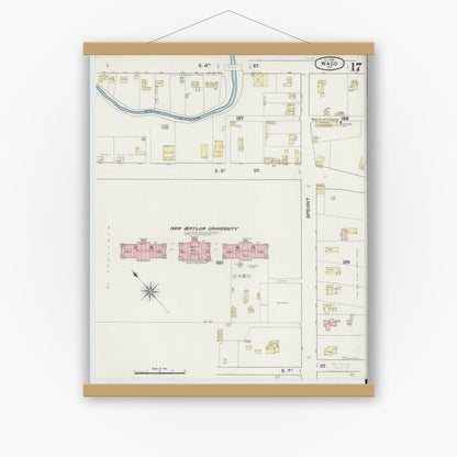 Old map wall art mockup — magnetic wood frame on white wall — Sanborn Fire Insurance Map from Waco, McLennan County, Texas (1889), Sheet #0017