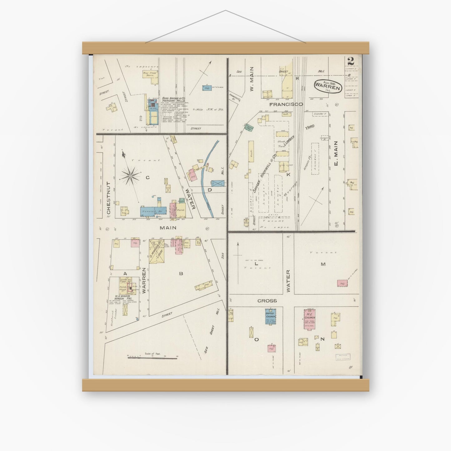 Old map wall art mockup — magnetic wood frame on white wall — Sanborn Fire Insurance Map from Warren, Jo Daviess County, Illinois (1885), Sheet #0002