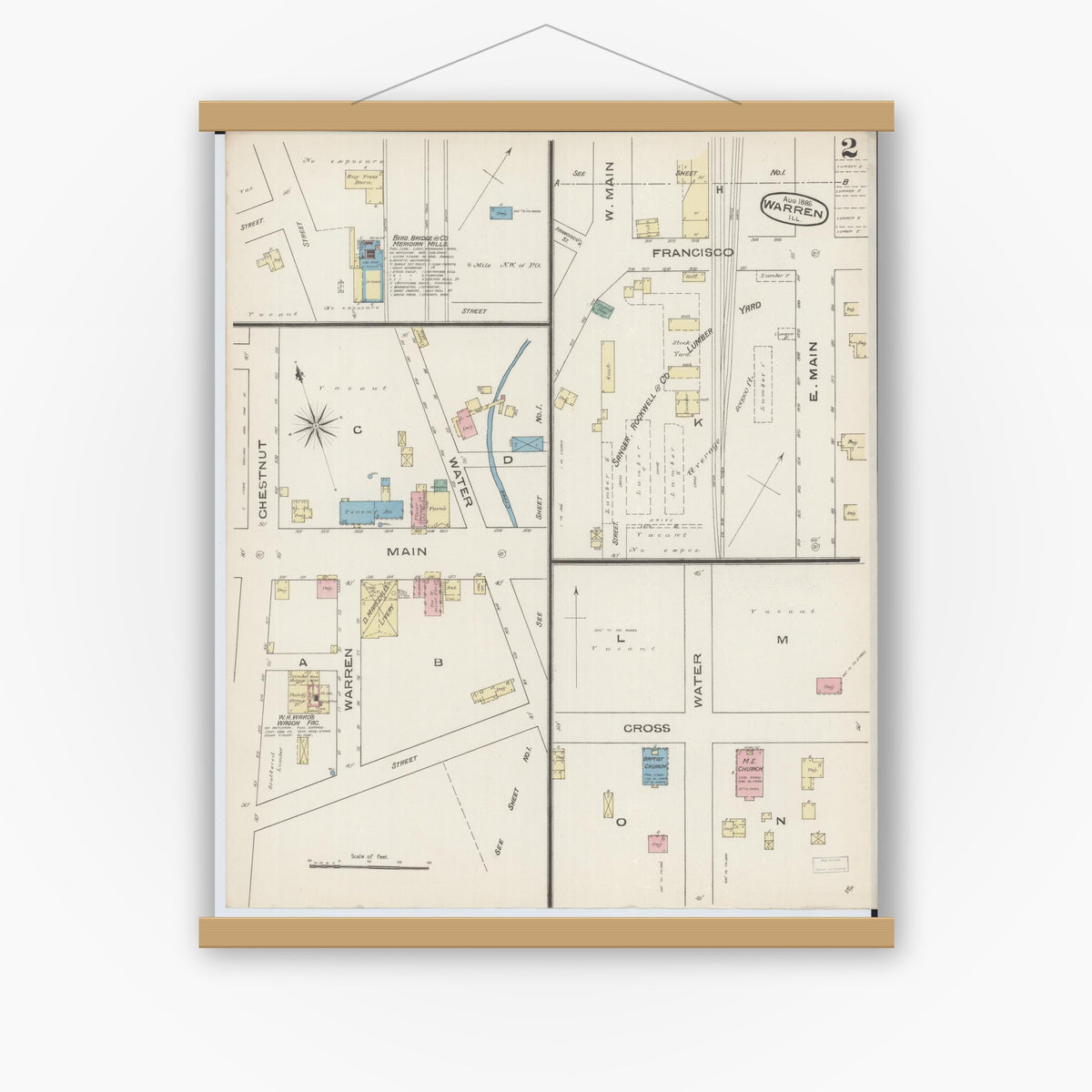 Old map wall art mockup — magnetic wood frame on white wall — Sanborn Fire Insurance Map from Warren, Jo Daviess County, Illinois (1885), Sheet #0002