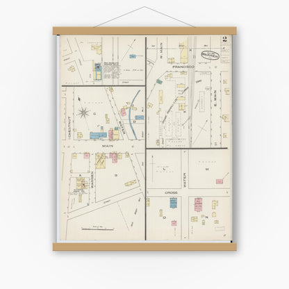 Old map wall art mockup — magnetic wood frame on white wall — Sanborn Fire Insurance Map from Warren, Jo Daviess County, Illinois (1885), Sheet #0002