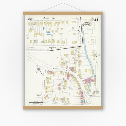Old map wall art mockup — magnetic wood frame on white wall — Sanborn Fire Insurance Map from Ossining, Westchester County, New York (1924), Sheet #0024