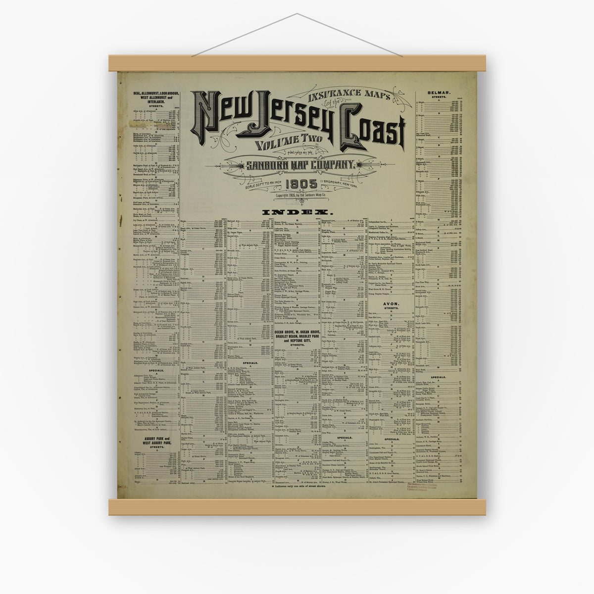 Old map wall art mockup — magnetic wood frame on white wall — Sanborn Fire Insurance Map from New Jersey Coast, New Jersey Coast, New Jersey (1905), Sheet #0001