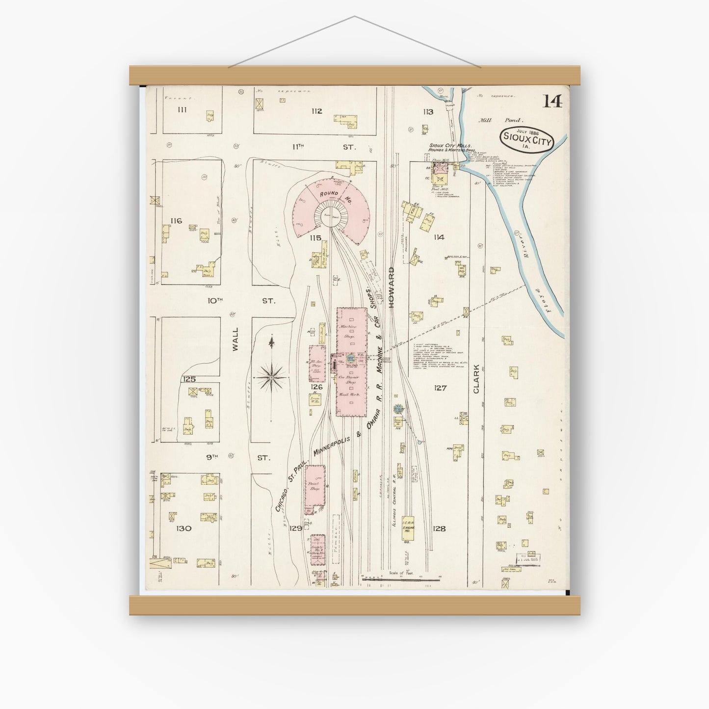 Old map wall art mockup — magnetic wood frame on white wall — Sanborn Fire Insurance Map from Sioux City, Woodbury County, Iowa (1886), Sheet #0014