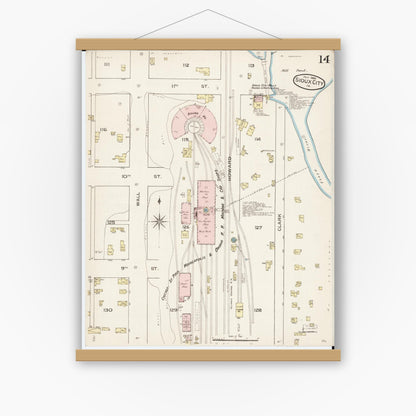 Old map wall art mockup — magnetic wood frame on white wall — Sanborn Fire Insurance Map from Sioux City, Woodbury County, Iowa (1886), Sheet #0014