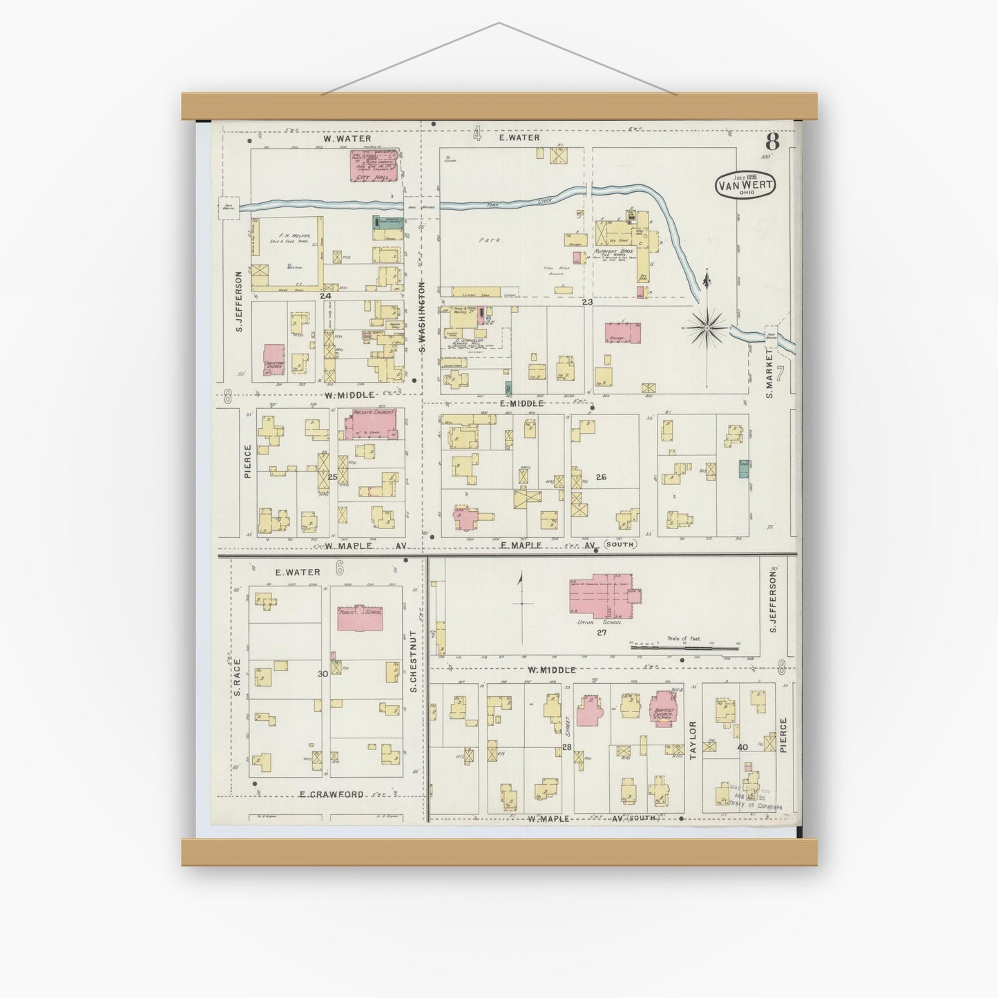Old map wall art mockup — magnetic wood frame on white wall — Sanborn Fire Insurance Map from Van Wert, Van Wert County, Ohio (1895), Sheet #0008