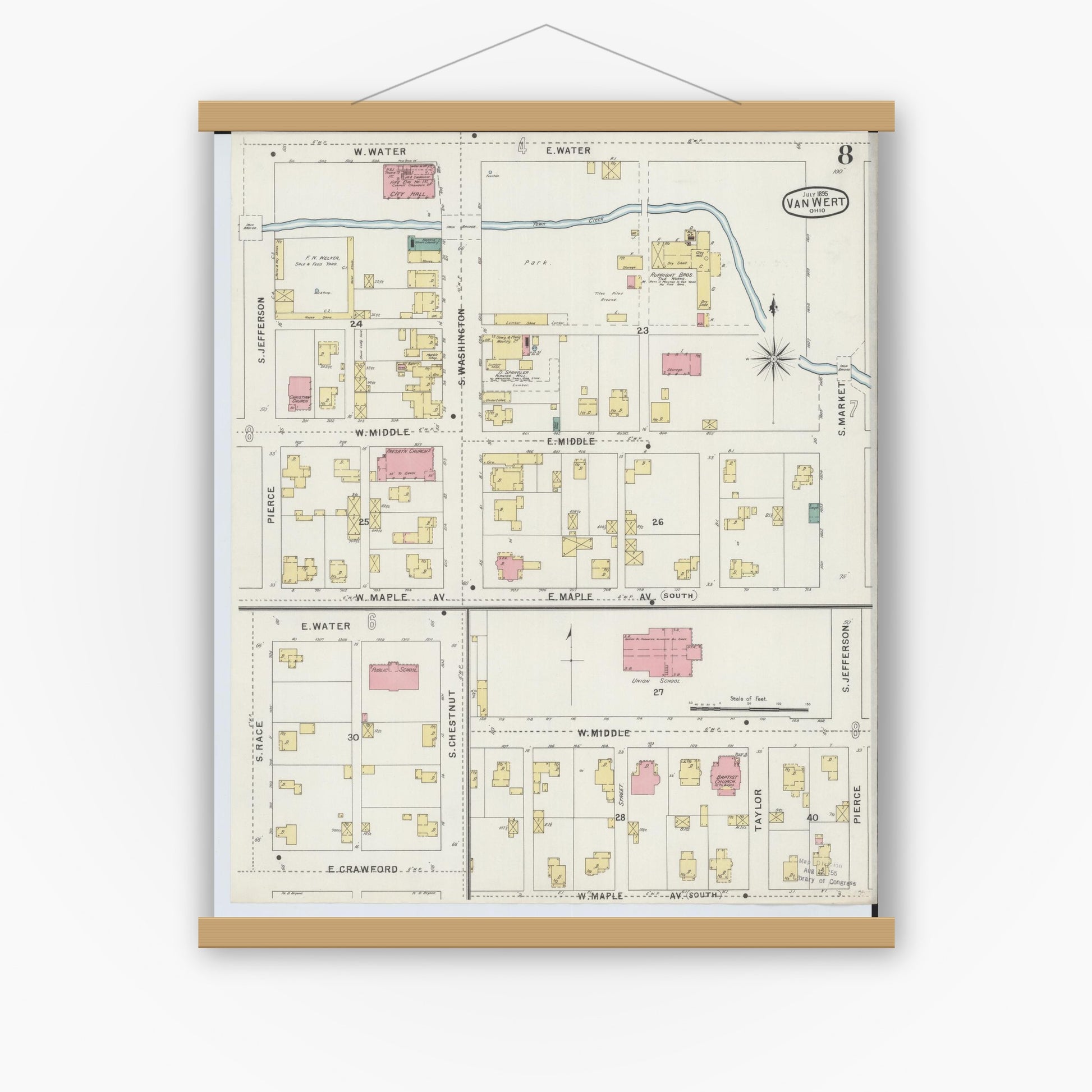 Old map wall art mockup — magnetic wood frame on white wall — Sanborn Fire Insurance Map from Van Wert, Van Wert County, Ohio (1895), Sheet #0008
