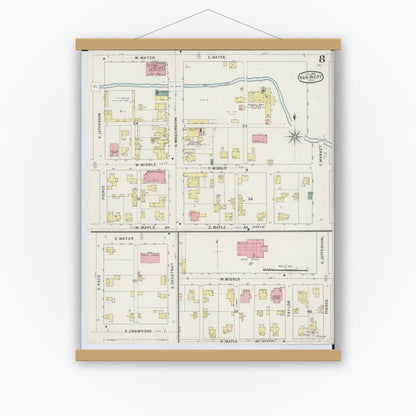 Old map wall art mockup — magnetic wood frame on white wall — Sanborn Fire Insurance Map from Van Wert, Van Wert County, Ohio (1895), Sheet #0008