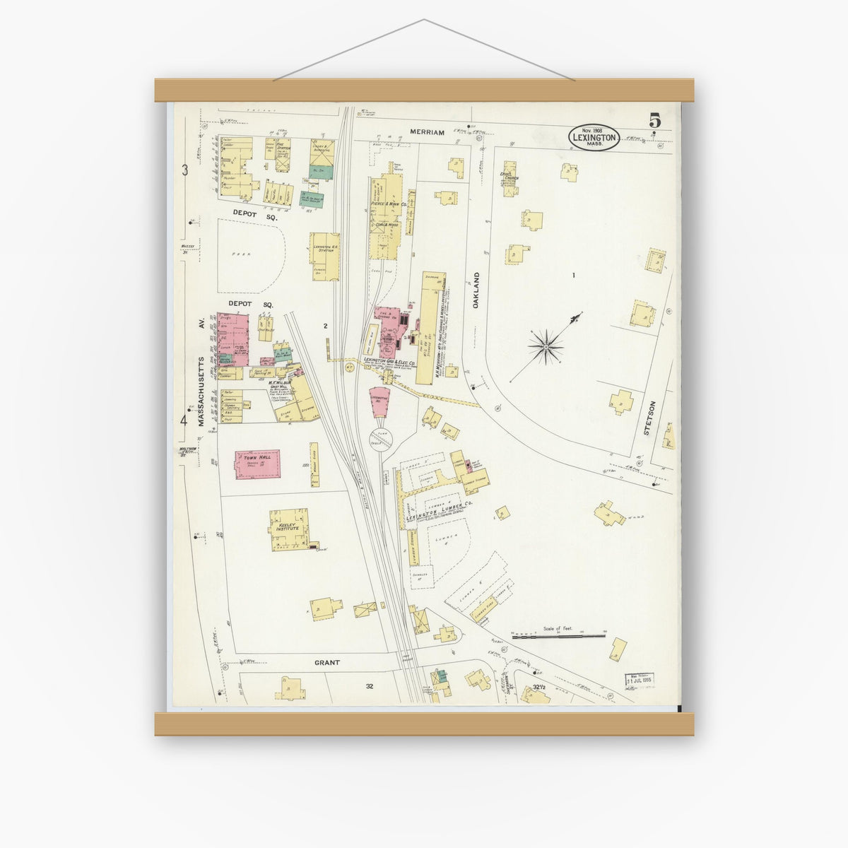 Old map wall art mockup — magnetic wood frame on white wall — Sanborn Fire Insurance Map from Lexington, Middlesex County, Massachusetts (1908), Sheet #0005