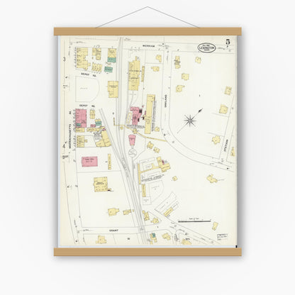 Old map wall art mockup — magnetic wood frame on white wall — Sanborn Fire Insurance Map from Lexington, Middlesex County, Massachusetts (1908), Sheet #0005