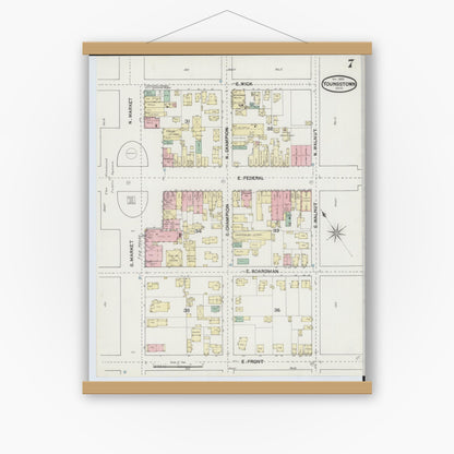 Old map wall art mockup — magnetic wood frame on white wall — Sanborn Fire Insurance Map from Youngstown, Mahoning County, Ohio (1889), Sheet #0007