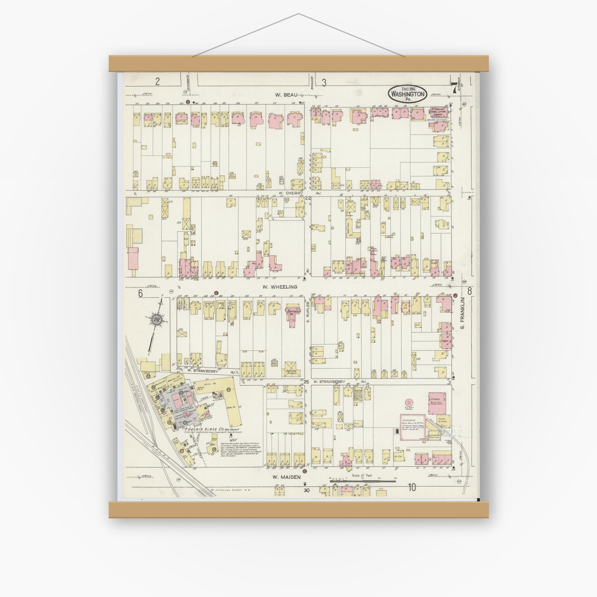 Old map wall art mockup — magnetic wood frame on white wall — Sanborn Fire Insurance Map from Washington, Washington County, Pennsylvania (1914), Sheet #0007