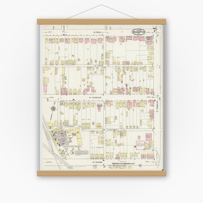 Old map wall art mockup — magnetic wood frame on white wall — Sanborn Fire Insurance Map from Washington, Washington County, Pennsylvania (1914), Sheet #0007