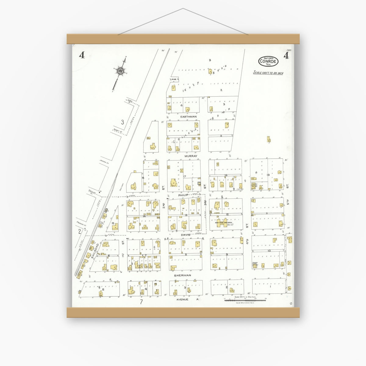 Old map wall art mockup — magnetic wood frame on white wall — Sanborn Fire Insurance Map from Conroe, Montgomery County, Texas (1923), Sheet #0004
