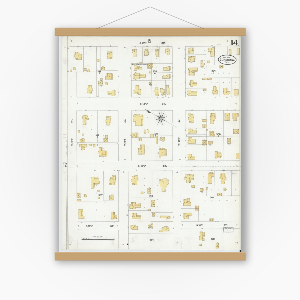 Old map wall art mockup — magnetic wood frame on white wall — Sanborn Fire Insurance Map from Corsicana, Navarro County, Texas (1905), Sheet #0014