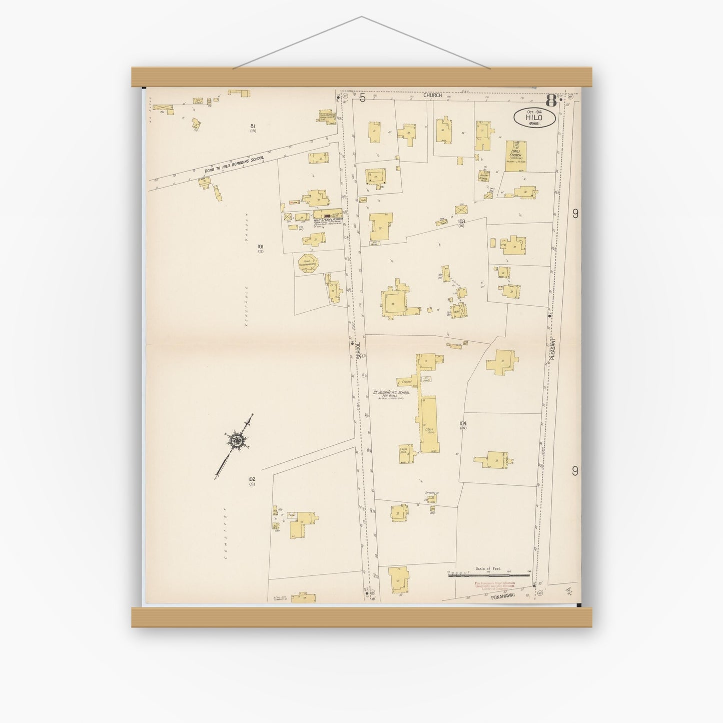 Old map wall art mockup — magnetic wood frame on white wall — Sanborn Fire Insurance Map from Hilo, Hawaii County, Hawaii (1914), Sheet #0008