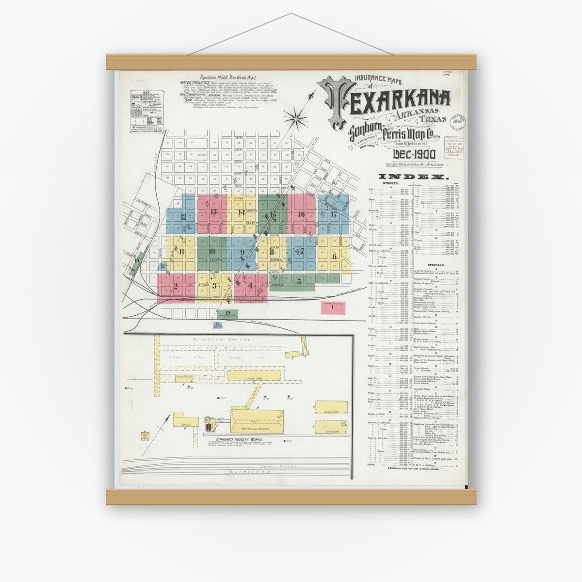 Old map wall art mockup — magnetic wood frame on white wall — Sanborn Fire Insurance Map from Texarkana, Bowie County, Texas (1900) - Complete Map Set