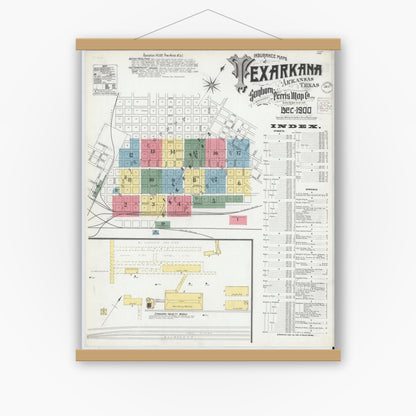 Old map wall art mockup — magnetic wood frame on white wall — Sanborn Fire Insurance Map from Texarkana, Bowie County, Texas (1900) - Complete Map Set