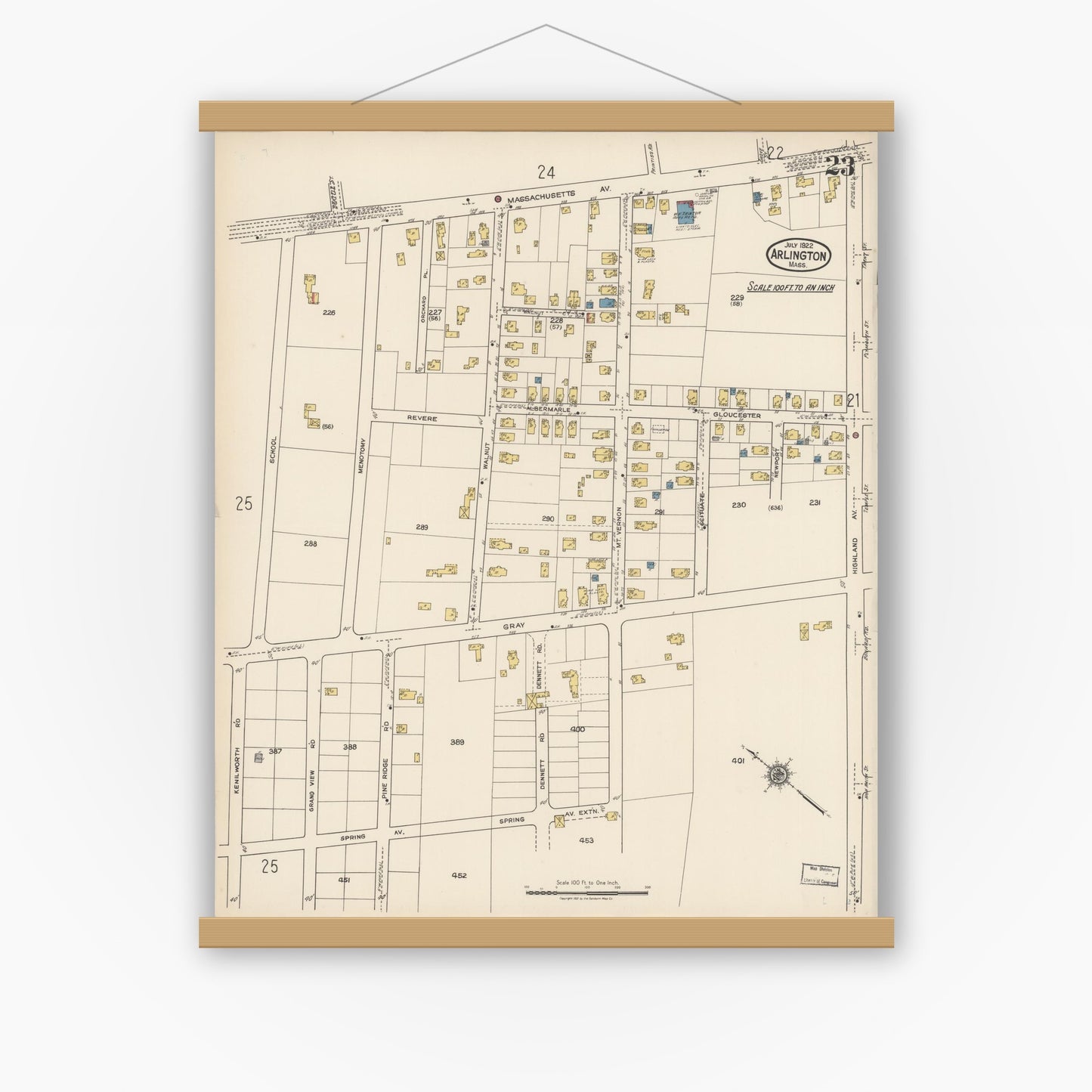 Old map wall art mockup — magnetic wood frame on white wall — Sanborn Fire Insurance Map from Arlington, Middlesex County, Massachusetts (1922), Sheet #0023