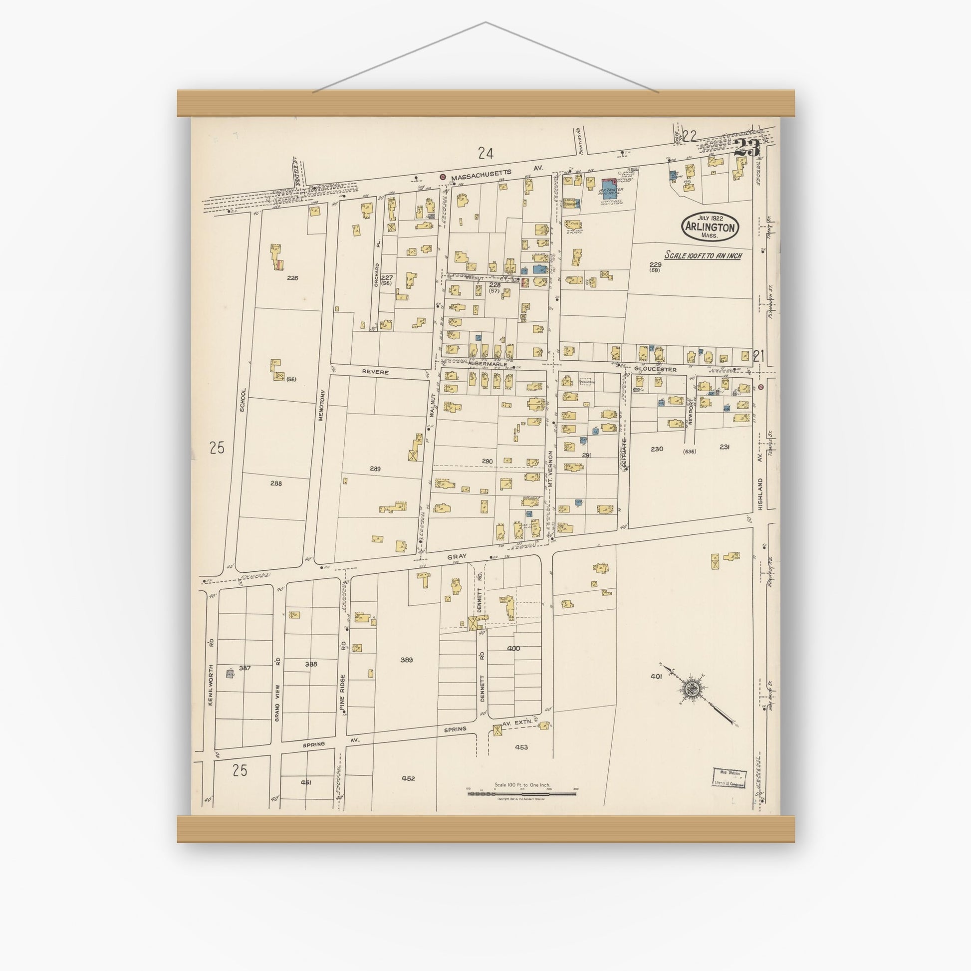 Old map wall art mockup — magnetic wood frame on white wall — Sanborn Fire Insurance Map from Arlington, Middlesex County, Massachusetts (1922), Sheet #0023