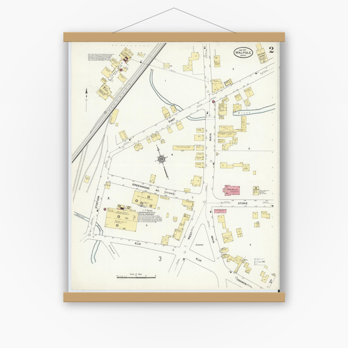 Old map wall art mockup — magnetic wood frame on white wall — Sanborn Fire Insurance Map from Walpole, Norfolk County, Massachusetts (1911), Sheet #0002