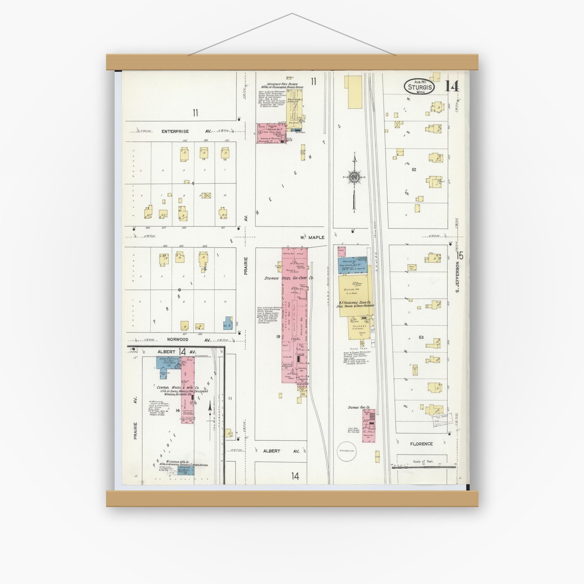 Old map wall art mockup — magnetic wood frame on white wall — Sanborn Fire Insurance Map from Sturgis, Saint Joseph County, Michigan (1911), Sheet #0014