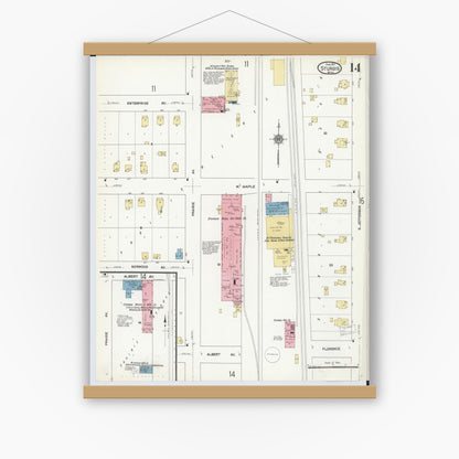 Old map wall art mockup — magnetic wood frame on white wall — Sanborn Fire Insurance Map from Sturgis, Saint Joseph County, Michigan (1911), Sheet #0014