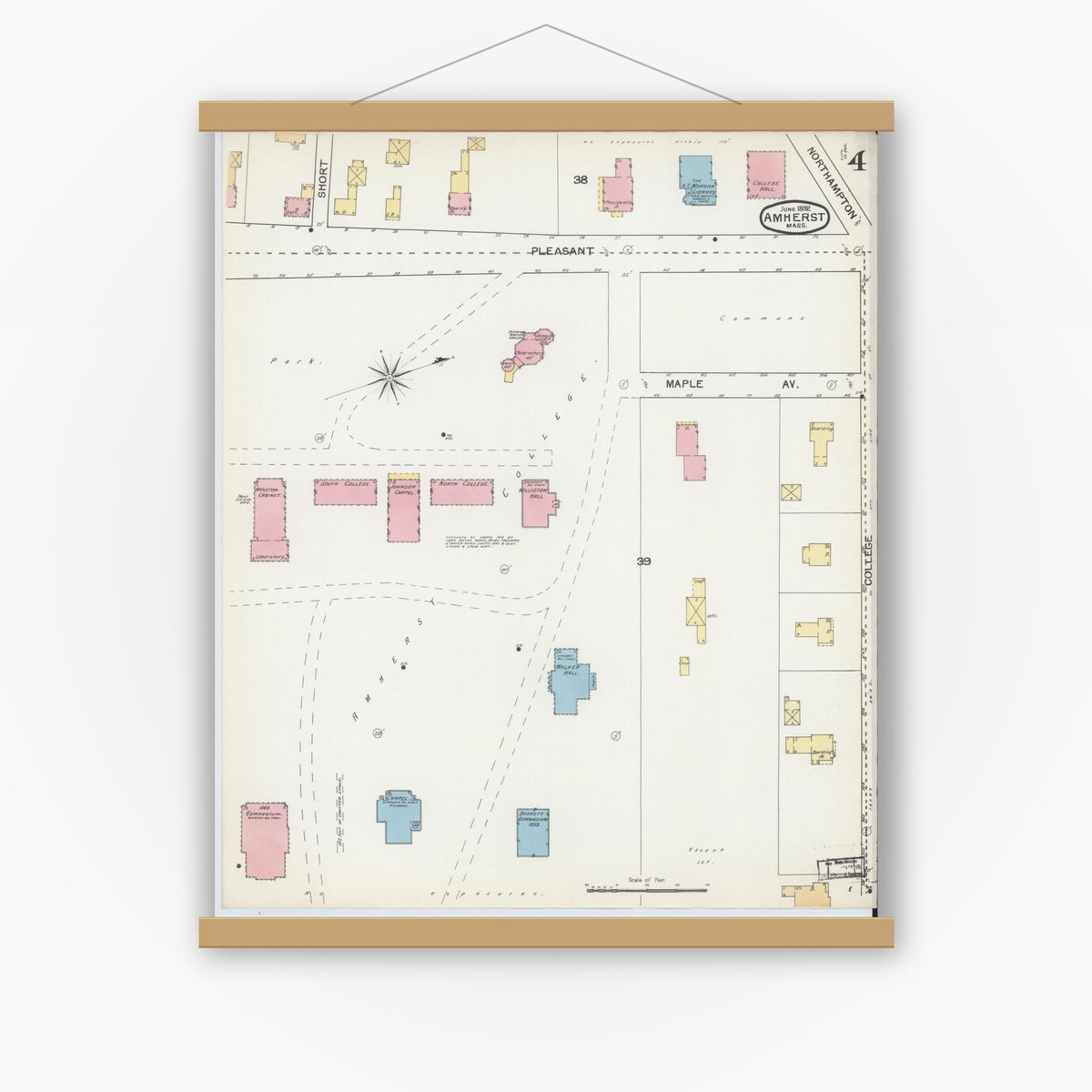 Old map wall art mockup — magnetic wood frame on white wall — Sanborn Fire Insurance Map from Amherst, Hampshire County, Massachusetts (1892), Sheet #0004