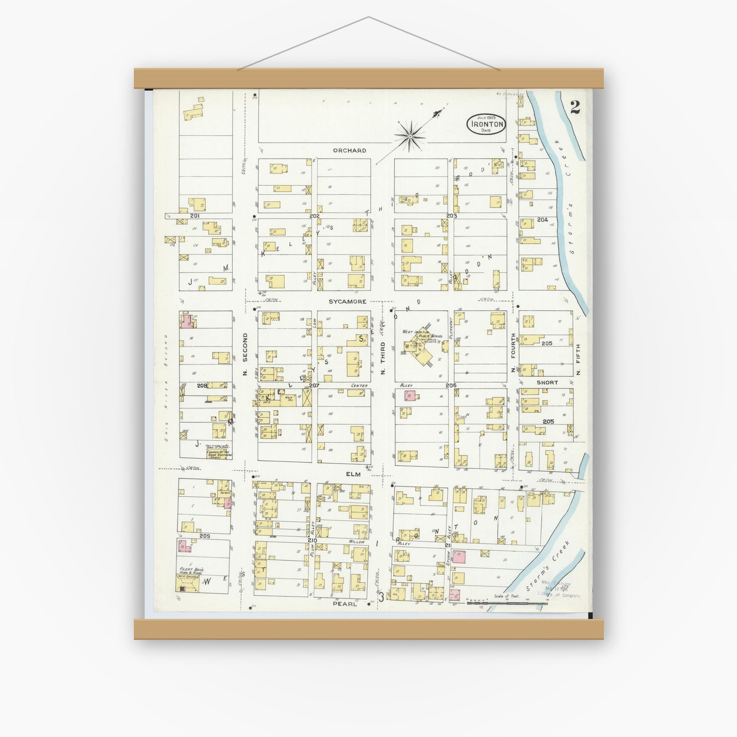 Old map wall art mockup — magnetic wood frame on white wall — Sanborn Fire Insurance Map from Ironton, Lawrence County, Ohio (1909), Sheet #0002