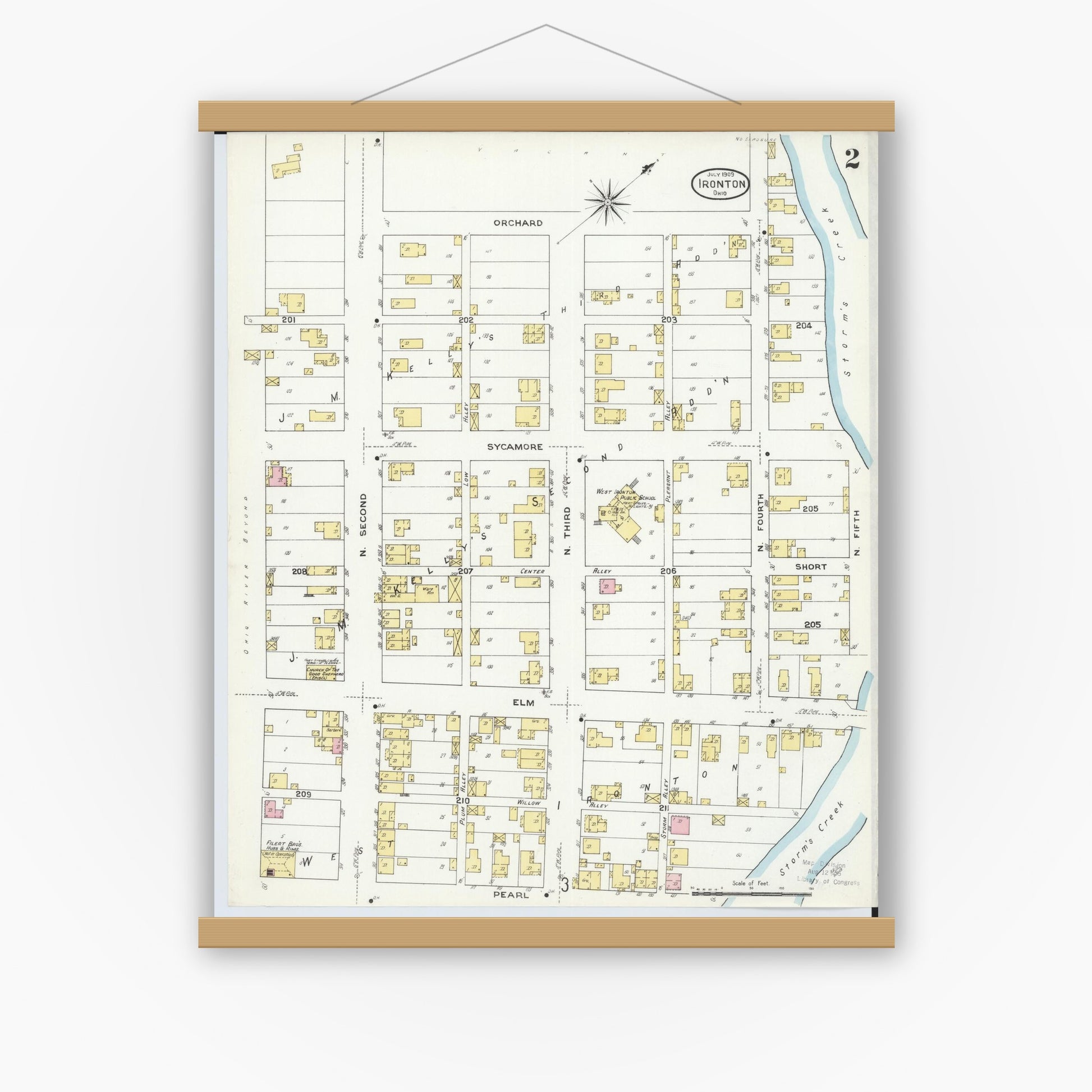 Old map wall art mockup — magnetic wood frame on white wall — Sanborn Fire Insurance Map from Ironton, Lawrence County, Ohio (1909), Sheet #0002
