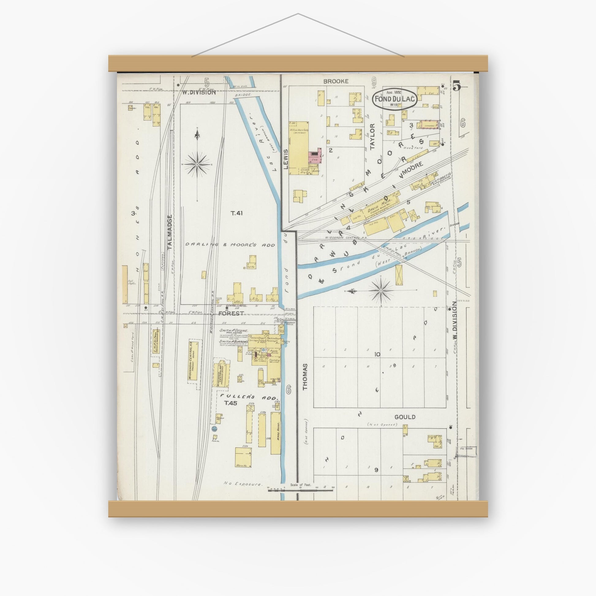 Old map wall art mockup — magnetic wood frame on white wall — Sanborn Fire Insurance Map from Fond du Lac, Fond du Lac County, Wisconsin (1892), Sheet #0005