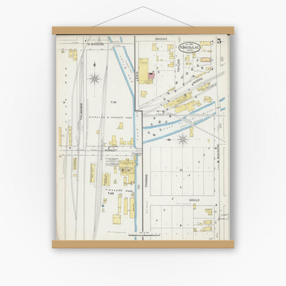 Old map wall art mockup — magnetic wood frame on white wall — Sanborn Fire Insurance Map from Fond du Lac, Fond du Lac County, Wisconsin (1892), Sheet #0005