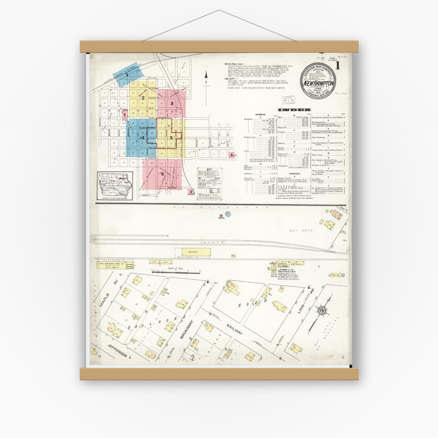 Old map wall art mockup — magnetic wood frame on white wall — Sanborn Fire Insurance Map from New Hampton, Chickasaw County, Iowa (1913) â€” Complete Set