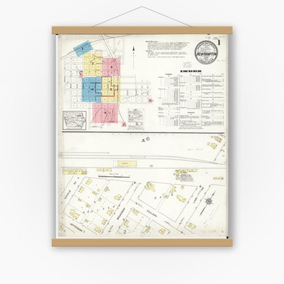 Old map wall art mockup — magnetic wood frame on white wall — Sanborn Fire Insurance Map from New Hampton, Chickasaw County, Iowa (1913) â€” Complete Set