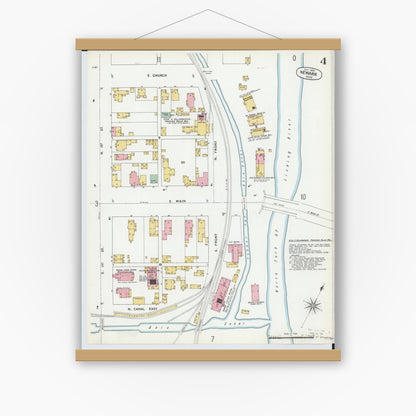 Old map wall art mockup — magnetic wood frame on white wall — Sanborn Fire Insurance Map from Newark, Licking County, Ohio (1899), Sheet #0004