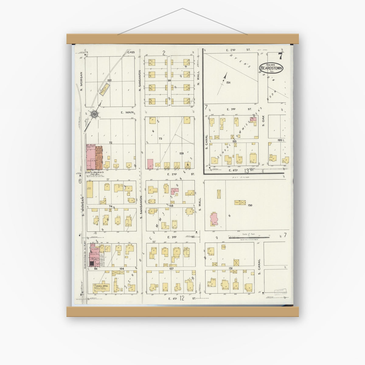 Old map wall art mockup — magnetic wood frame on white wall — Sanborn Fire Insurance Map from Beardstown, Cass County, Illinois (1919), Sheet #0007