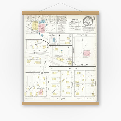 Old map wall art mockup — magnetic wood frame on white wall — Sanborn Fire Insurance Map from Hartley, O'Brien County, Iowa (1914), Sheet #0001