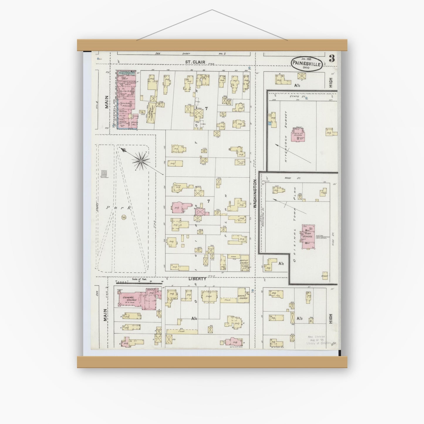Old map wall art mockup — magnetic wood frame on white wall — Sanborn Fire Insurance Map from Painesville, Lake County, Ohio (1889), Sheet #0003