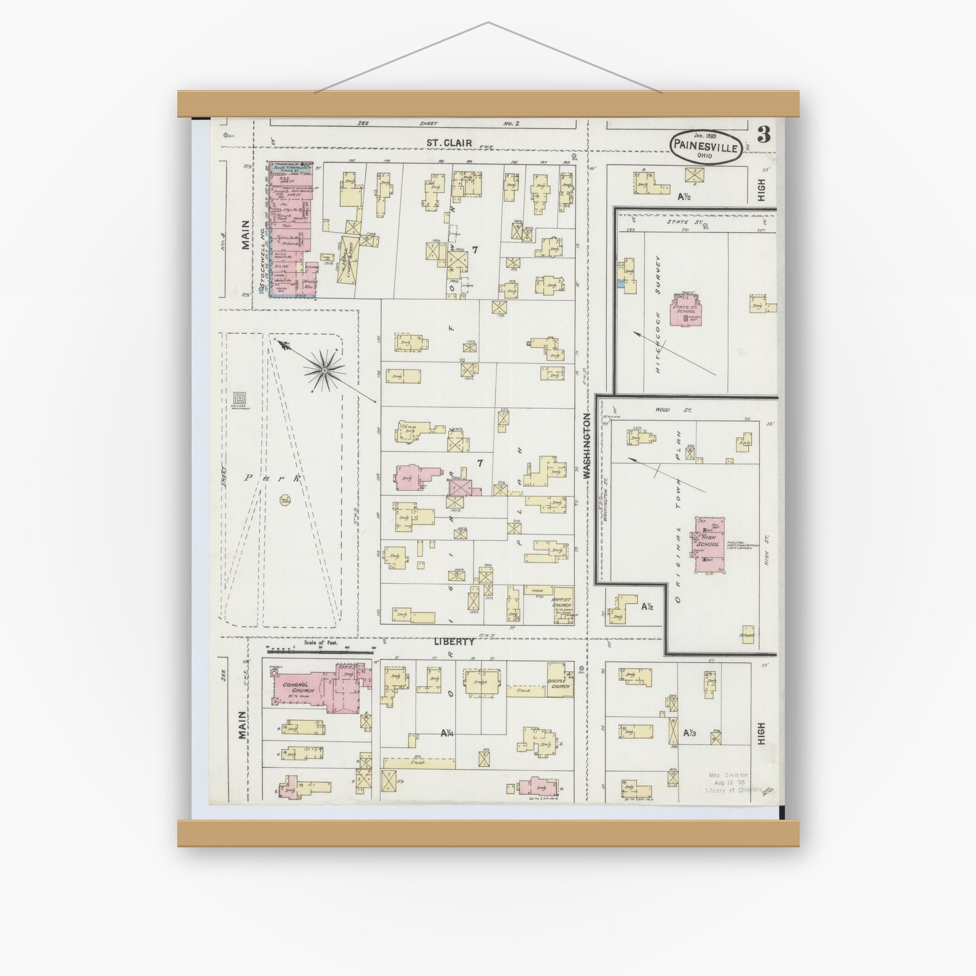 Old map wall art mockup — magnetic wood frame on white wall — Sanborn Fire Insurance Map from Painesville, Lake County, Ohio (1889), Sheet #0003