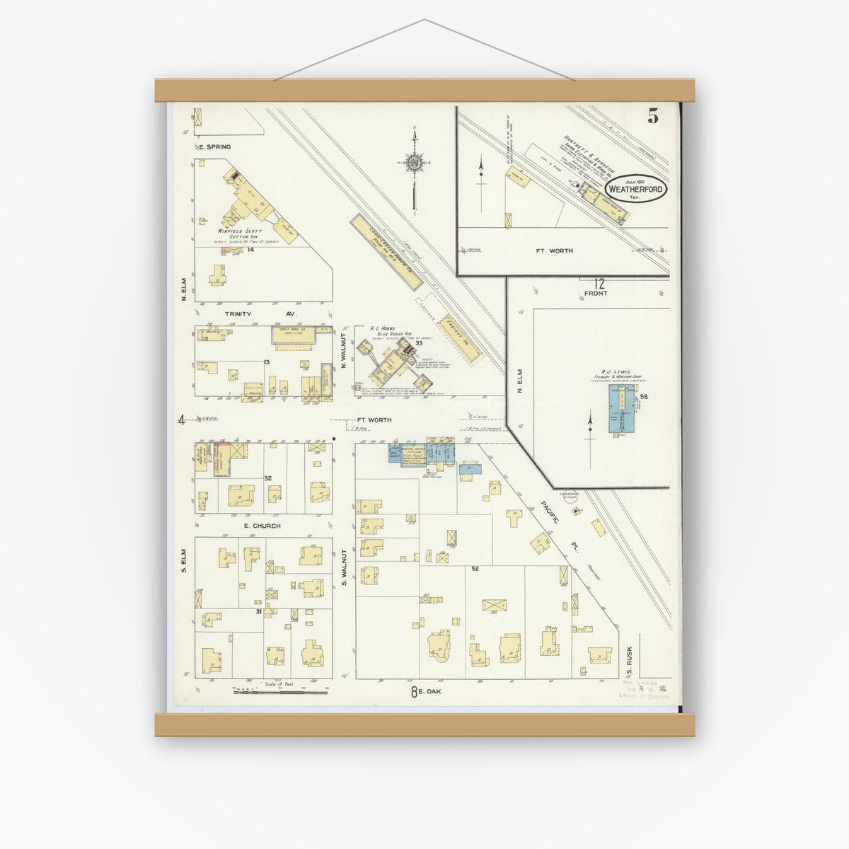 Old map wall art mockup — magnetic wood frame on white wall — Sanborn Fire Insurance Map from Weatherford, Parker County, Texas (1910), Sheet #0005