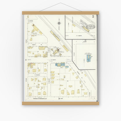 Old map wall art mockup — magnetic wood frame on white wall — Sanborn Fire Insurance Map from Weatherford, Parker County, Texas (1910), Sheet #0005