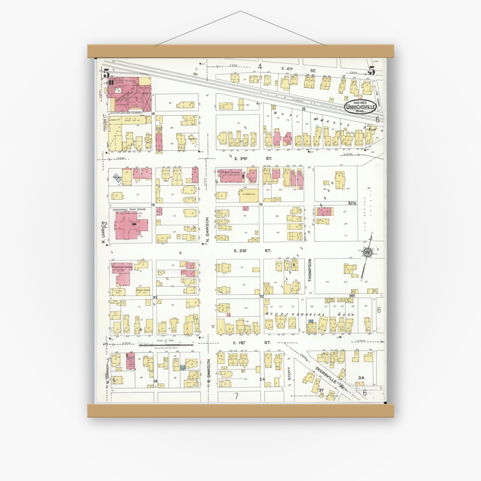 Old map wall art mockup — magnetic wood frame on white wall — Sanborn Fire Insurance Map from Uhrichsville, Tuscarawas County, Ohio (1923), Sheet #0005