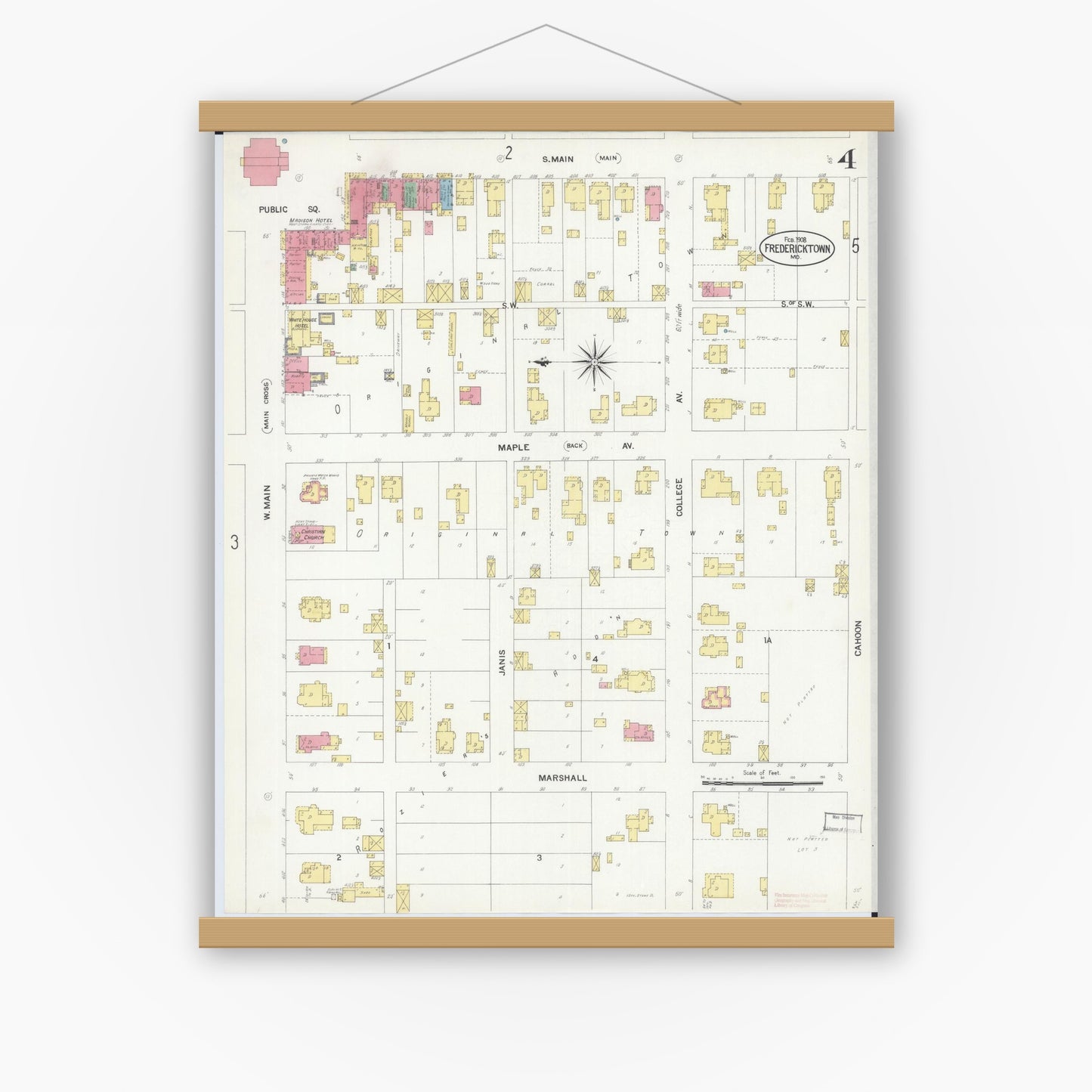 Old map wall art mockup — magnetic wood frame on white wall — Sanborn Fire Insurance Map from Fredericktown, Madison County, Missouri (1908), Sheet #0004