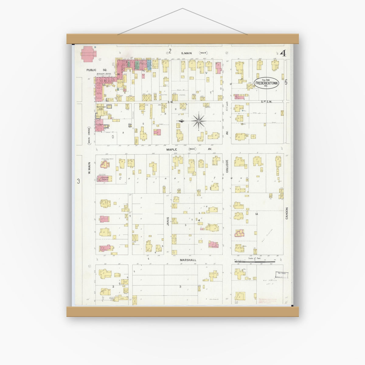 Old map wall art mockup — magnetic wood frame on white wall — Sanborn Fire Insurance Map from Fredericktown, Madison County, Missouri (1908), Sheet #0004