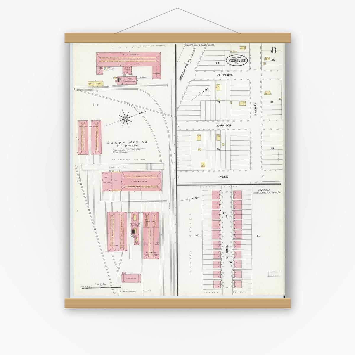 Old map wall art mockup — magnetic wood frame on white wall — Sanborn Fire Insurance Map from Roosevelt, Middlesex County, New Jersey (1908), Sheet #0008