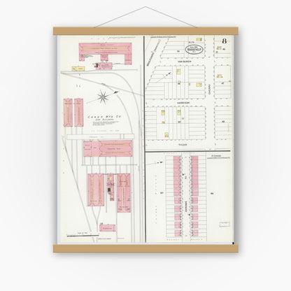 Old map wall art mockup — magnetic wood frame on white wall — Sanborn Fire Insurance Map from Roosevelt, Middlesex County, New Jersey (1908), Sheet #0008