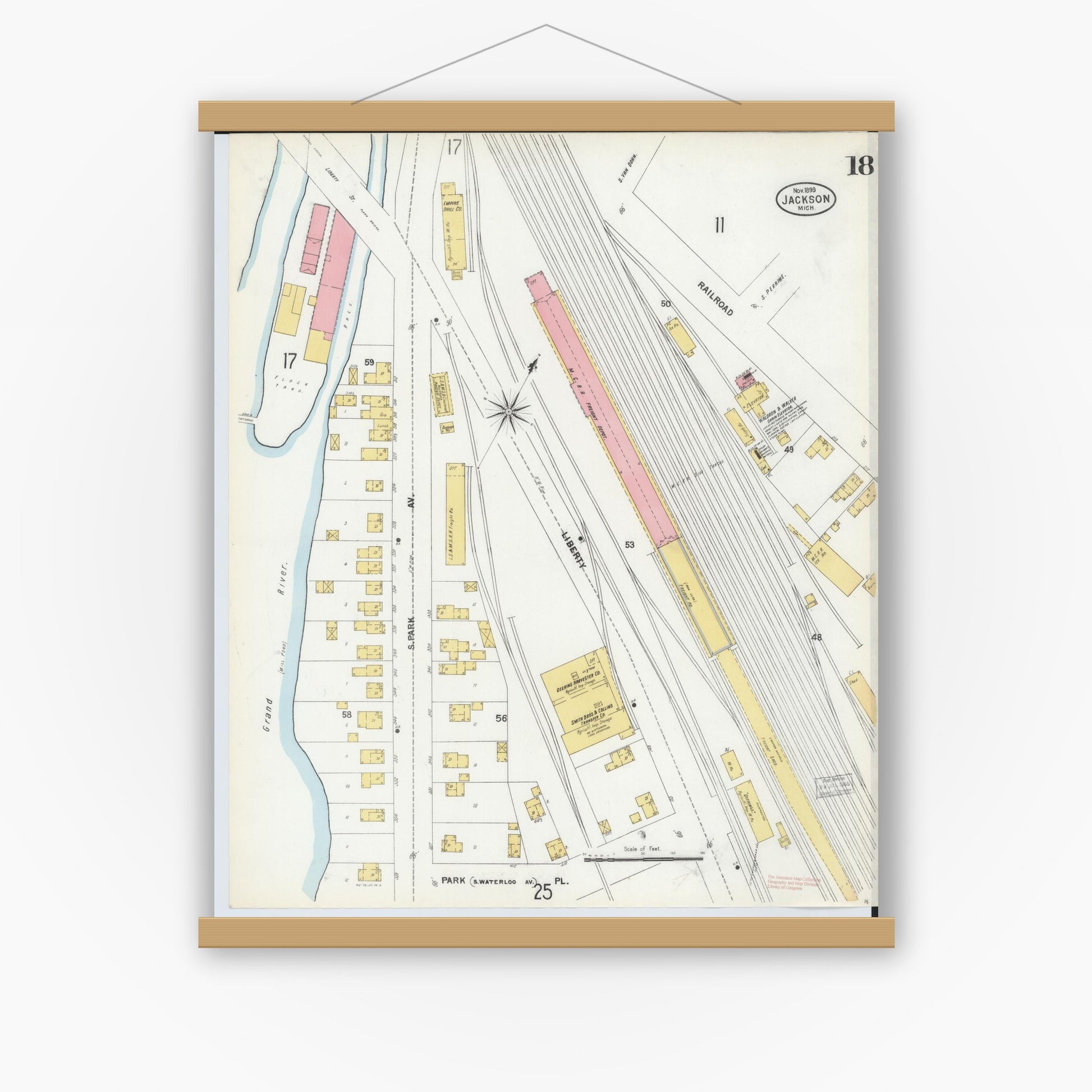 Old map wall art mockup — magnetic wood frame on white wall — Sanborn Fire Insurance Map from Jackson, Jackson County, Michigan (1899), Sheet #0018