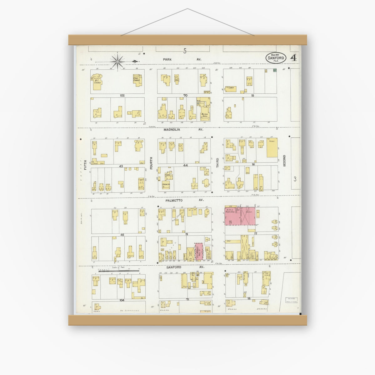 Old map wall art mockup — magnetic wood frame on white wall — Sanborn Fire Insurance Map from Sanford, Seminole County, Florida (1901), Sheet #0004